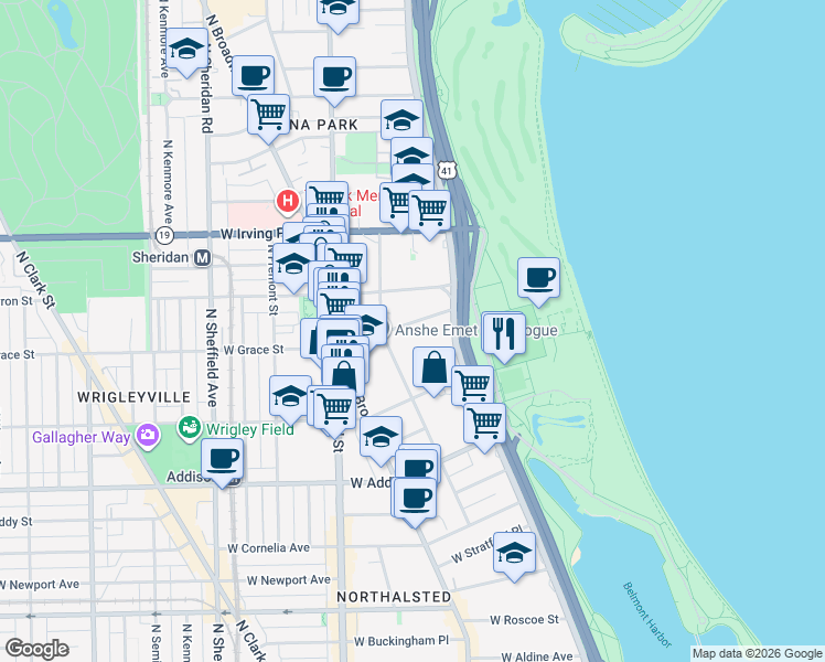 map of restaurants, bars, coffee shops, grocery stores, and more near 639 West Grace Street in Chicago