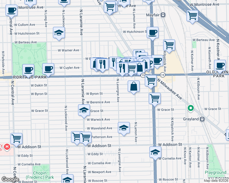 map of restaurants, bars, coffee shops, grocery stores, and more near 5017 West Dakin Street in Chicago