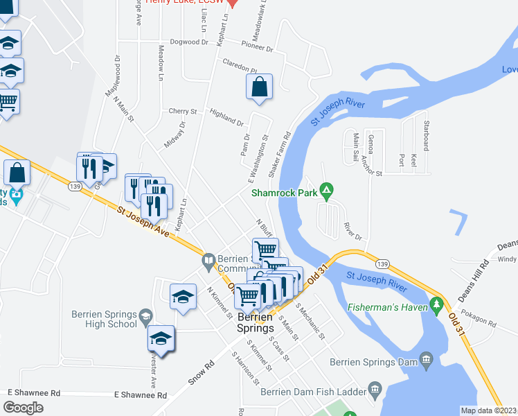 map of restaurants, bars, coffee shops, grocery stores, and more near 512 North Bluff Street in Berrien Springs