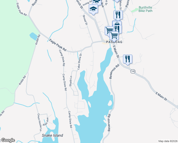map of restaurants, bars, coffee shops, grocery stores, and more near 82 Shore Road in Burrillville
