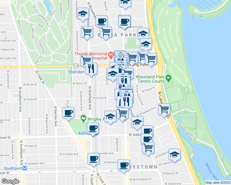 map of restaurants, bars, coffee shops, grocery stores, and more near 828 West Grace Street in Chicago