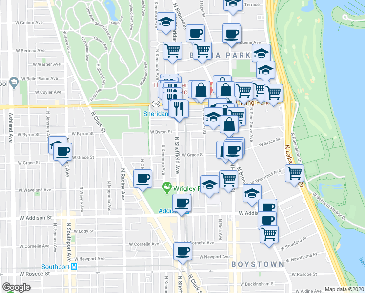 map of restaurants, bars, coffee shops, grocery stores, and more near 3825 North Sheffield Avenue in Chicago