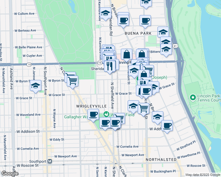 map of restaurants, bars, coffee shops, grocery stores, and more near 3825 North Sheffield Avenue in Chicago