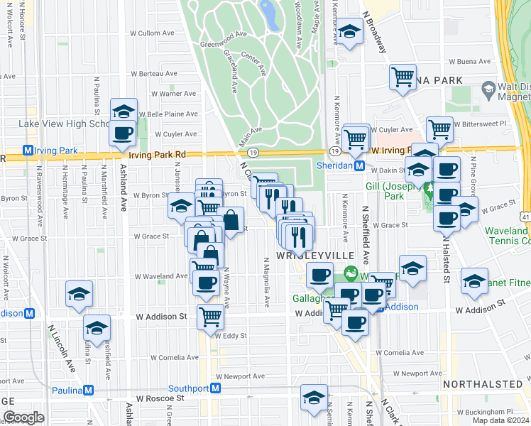 map of restaurants, bars, coffee shops, grocery stores, and more near 3833 North Clark Street in Chicago