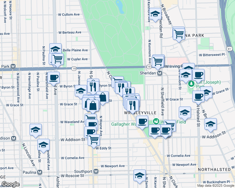 map of restaurants, bars, coffee shops, grocery stores, and more near 3833 North Clark Street in Chicago
