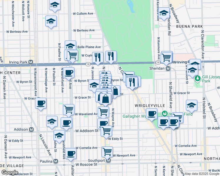 map of restaurants, bars, coffee shops, grocery stores, and more near 3832 North Wayne Avenue in Chicago