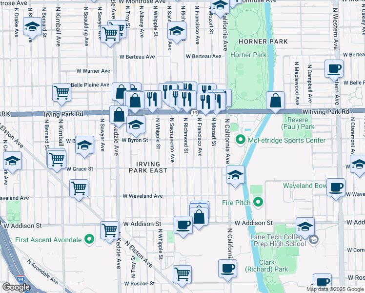 map of restaurants, bars, coffee shops, grocery stores, and more near 2935 West Byron Street in Chicago