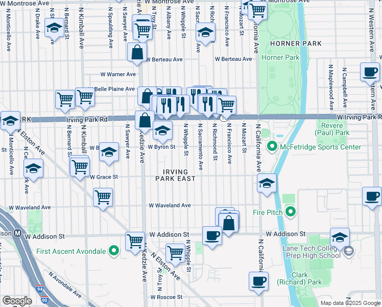 map of restaurants, bars, coffee shops, grocery stores, and more near 3856 North Sacramento Avenue in Chicago