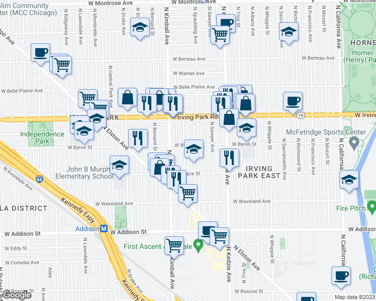 map of restaurants, bars, coffee shops, grocery stores, and more near 3834 North Spaulding Avenue in Chicago