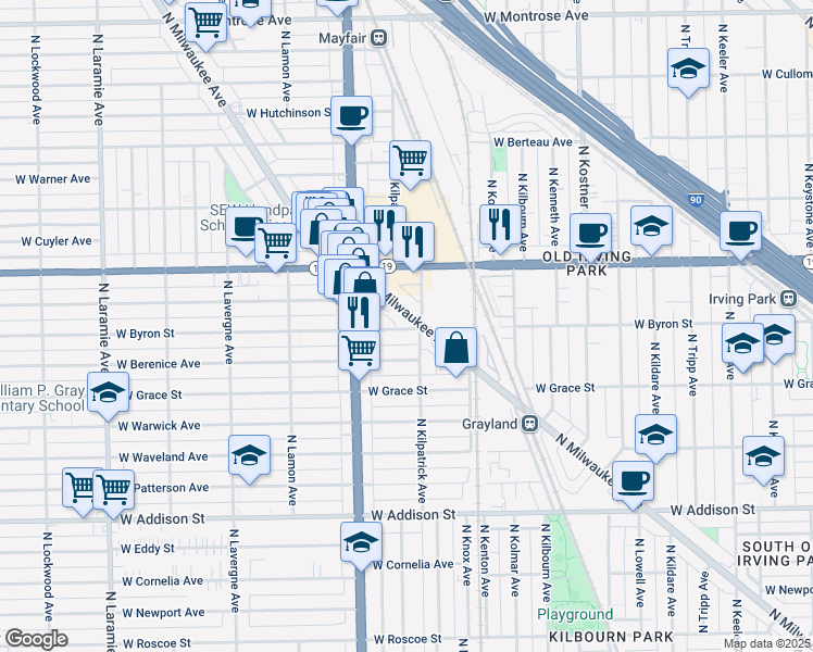 map of restaurants, bars, coffee shops, grocery stores, and more near 3930 North Milwaukee Avenue in Chicago