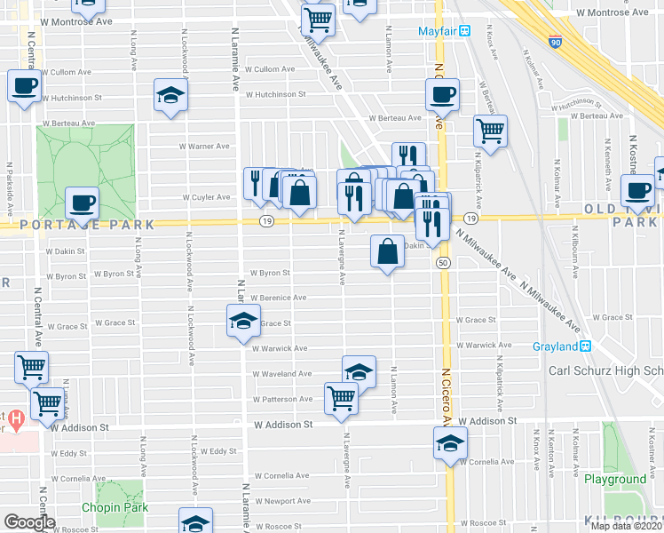map of restaurants, bars, coffee shops, grocery stores, and more near 5017 West Dakin Street in Chicago