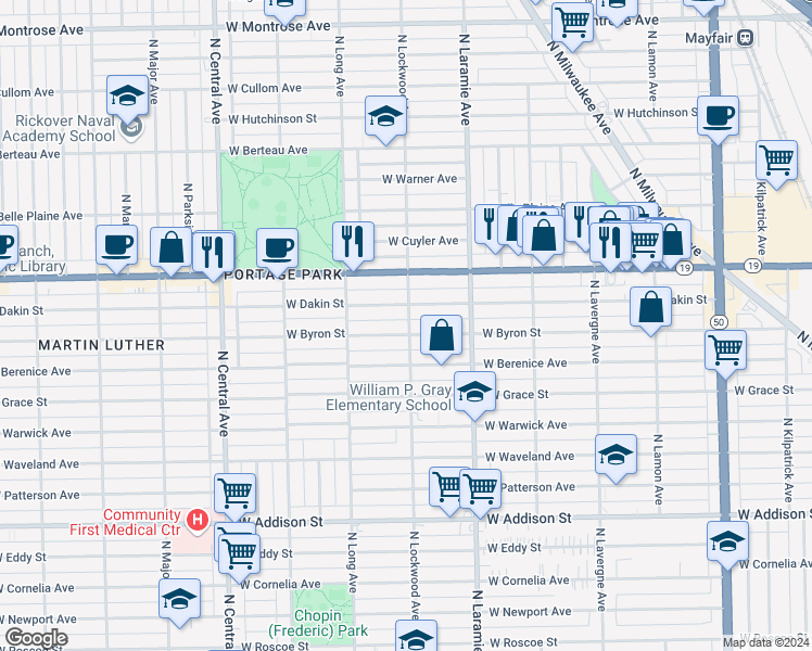 map of restaurants, bars, coffee shops, grocery stores, and more near 5247 West Dakin Street in Chicago