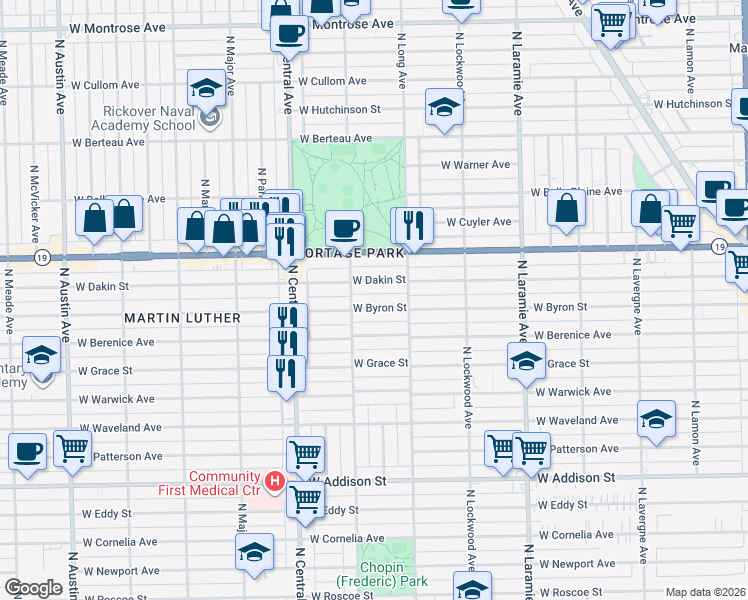 map of restaurants, bars, coffee shops, grocery stores, and more near 5435 West Dakin Street in Chicago