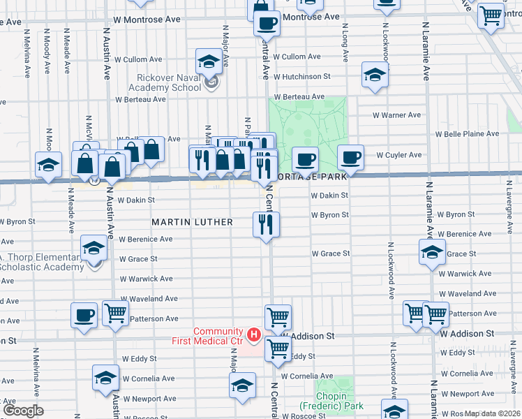map of restaurants, bars, coffee shops, grocery stores, and more near 5625 West Dakin Street in Chicago