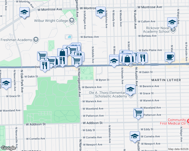 map of restaurants, bars, coffee shops, grocery stores, and more near 6549 Irving Park Road in Chicago
