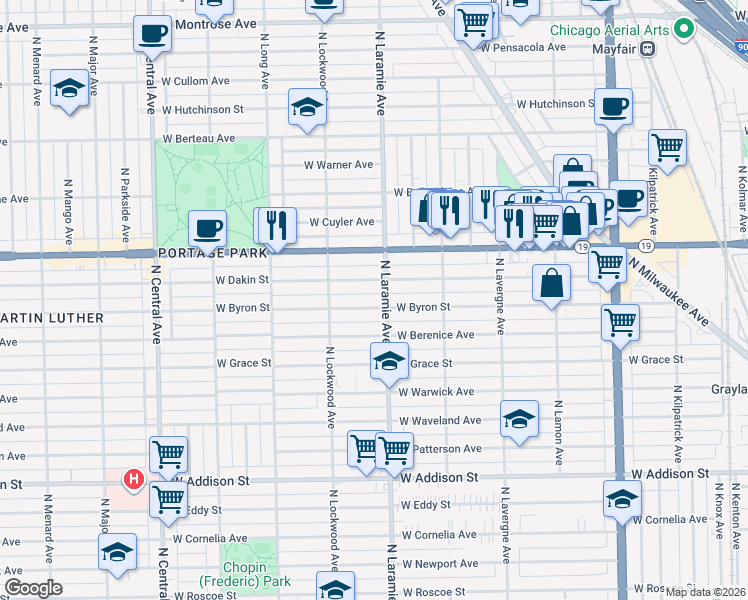 map of restaurants, bars, coffee shops, grocery stores, and more near 5207 West Dakin Street in Chicago