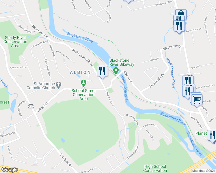 map of restaurants, bars, coffee shops, grocery stores, and more near 45 Main Street Albion in Lincoln