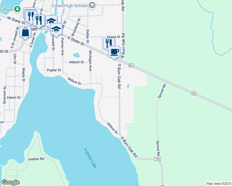 map of restaurants, bars, coffee shops, grocery stores, and more near 473 South Burr Oak Road in Colon
