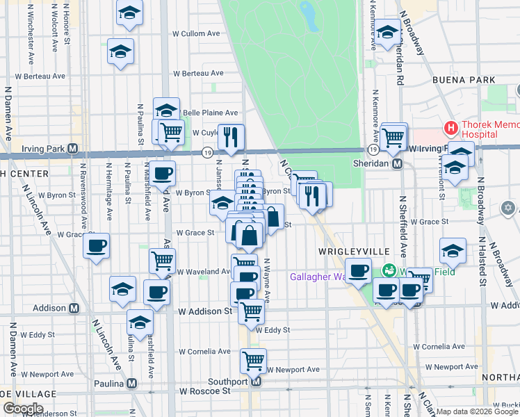 map of restaurants, bars, coffee shops, grocery stores, and more near 3822 North Wayne Avenue in Chicago