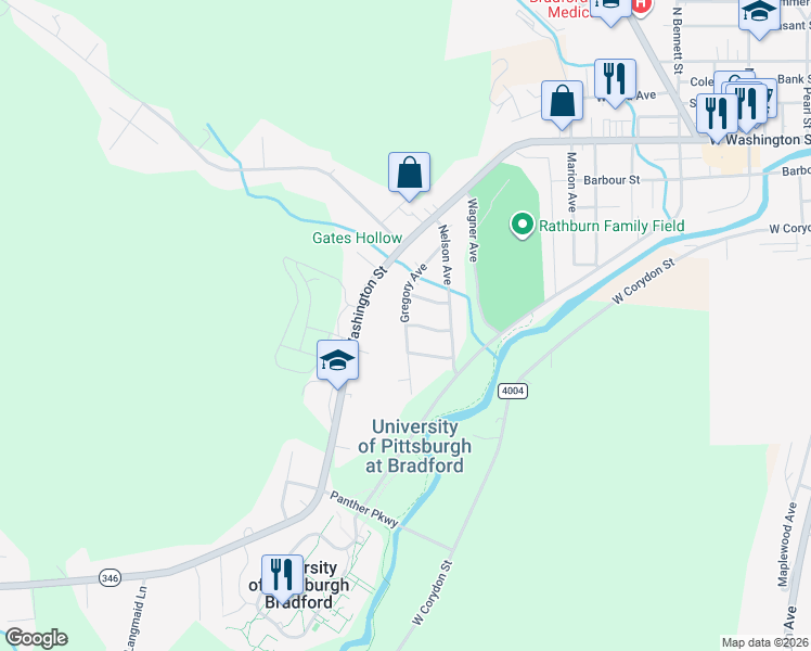 map of restaurants, bars, coffee shops, grocery stores, and more near 59 Gregory Ave in Bradford