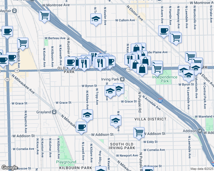 map of restaurants, bars, coffee shops, grocery stores, and more near W Byron St & N Keeler Ave in Chicago