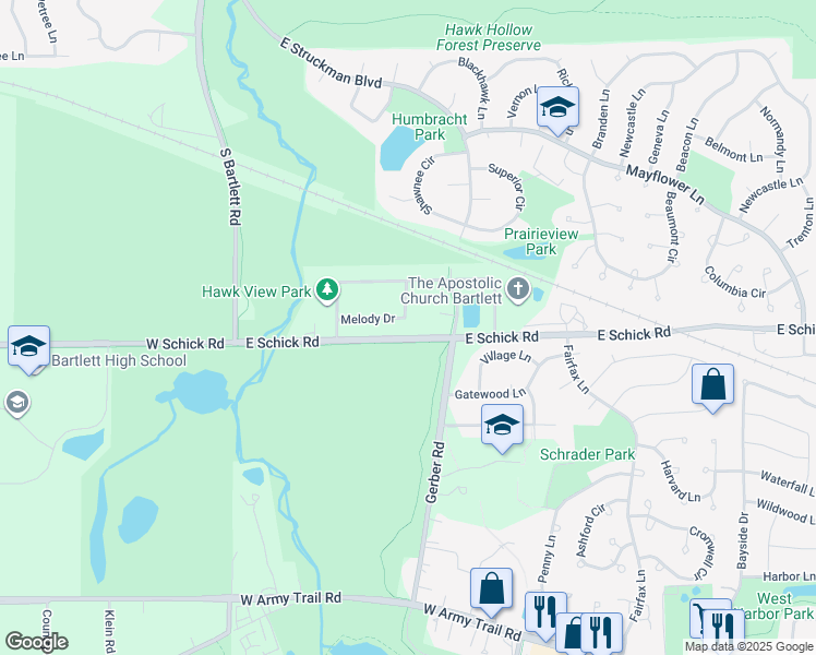 map of restaurants, bars, coffee shops, grocery stores, and more near 215 Melody Dr in Bartlett