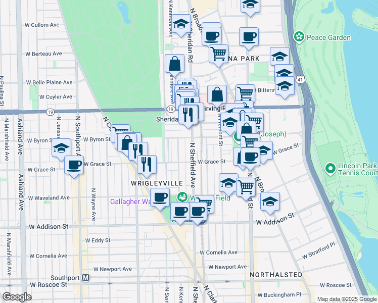 map of restaurants, bars, coffee shops, grocery stores, and more near 1017 West Byron Street in Chicago