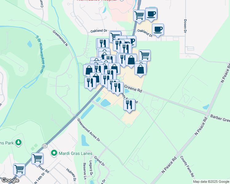 map of restaurants, bars, coffee shops, grocery stores, and more near 2350 Sycamore Road in DeKalb