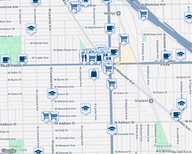 map of restaurants, bars, coffee shops, grocery stores, and more near 4860 West Byron Street in Chicago