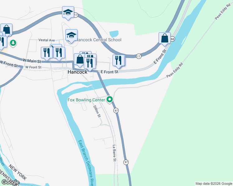 map of restaurants, bars, coffee shops, grocery stores, and more near 2-8 Peas Eddy Rd in Hancock