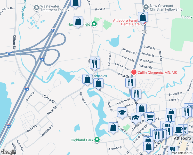 map of restaurants, bars, coffee shops, grocery stores, and more near 56 West Street in Attleboro