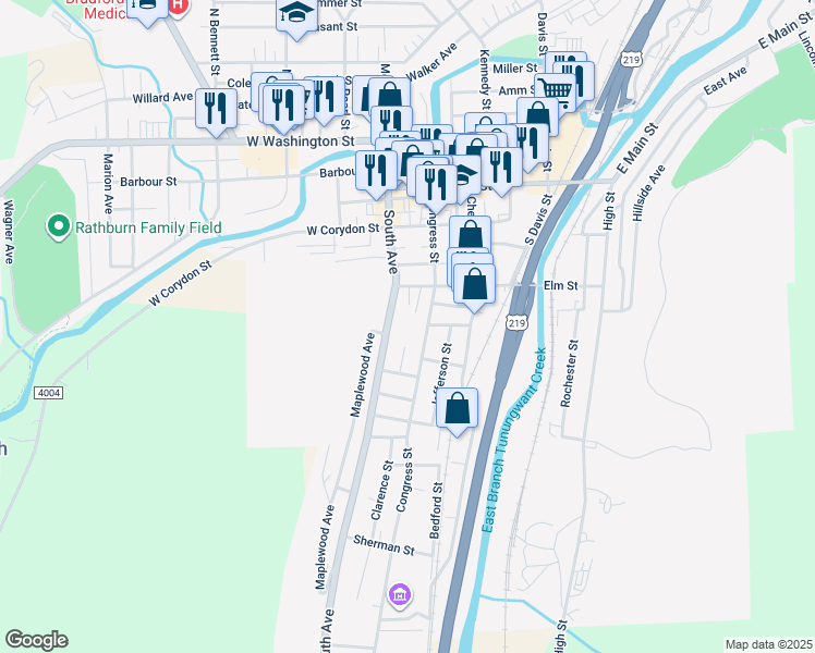 map of restaurants, bars, coffee shops, grocery stores, and more near 101-133 State Route 4007 in Bradford