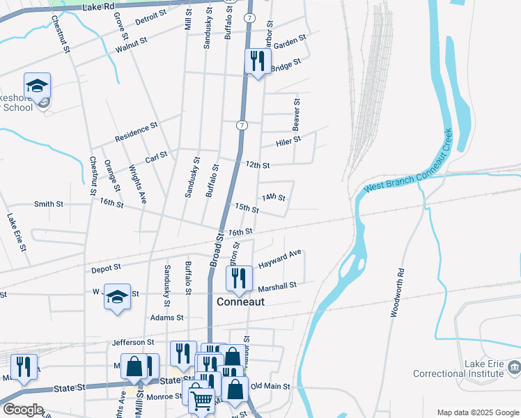 map of restaurants, bars, coffee shops, grocery stores, and more near 514 Harbor Street in Conneaut