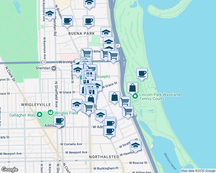 map of restaurants, bars, coffee shops, grocery stores, and more near 635w West Grace Street in Chicago