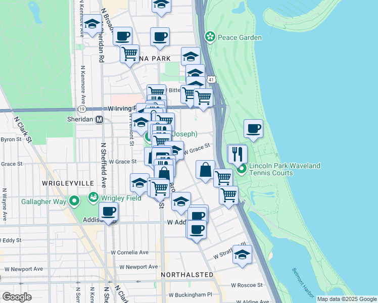 map of restaurants, bars, coffee shops, grocery stores, and more near 635w West Grace Street in Chicago
