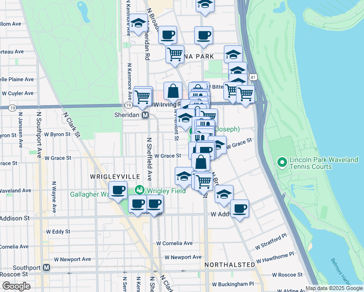 map of restaurants, bars, coffee shops, grocery stores, and more near 831 West Sheridan Road in Chicago