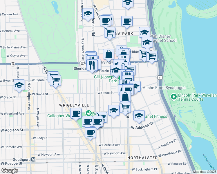 map of restaurants, bars, coffee shops, grocery stores, and more near 3824 North Fremont Street in Chicago