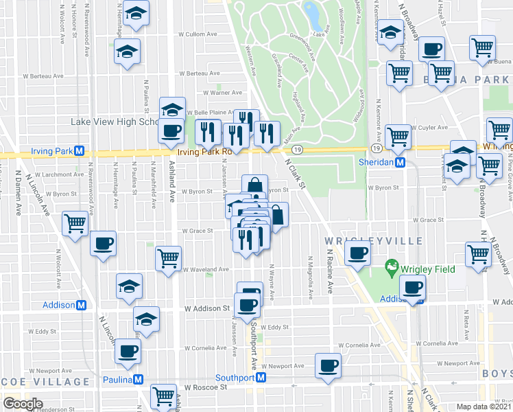 map of restaurants, bars, coffee shops, grocery stores, and more near 3846 North Southport Avenue in Chicago