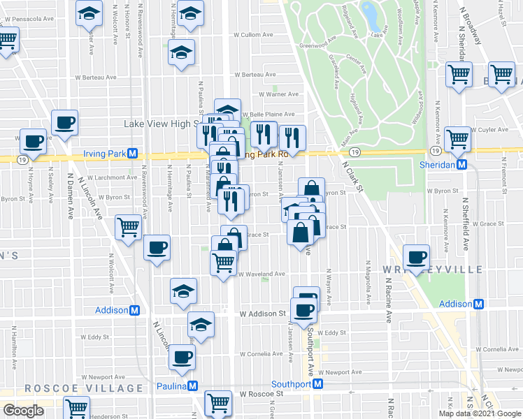 map of restaurants, bars, coffee shops, grocery stores, and more near 3845 North Greenview Avenue in Chicago
