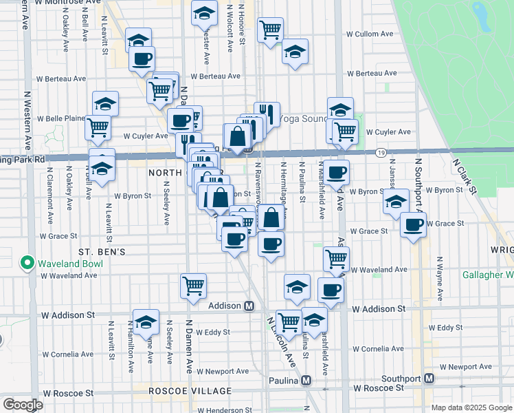 map of restaurants, bars, coffee shops, grocery stores, and more near 1817 West Byron Street in Chicago