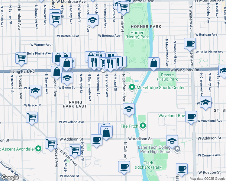 map of restaurants, bars, coffee shops, grocery stores, and more near 3855 North Francisco Avenue in Chicago