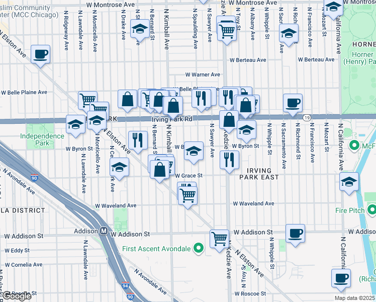 map of restaurants, bars, coffee shops, grocery stores, and more near 3834 North Spaulding Avenue in Chicago