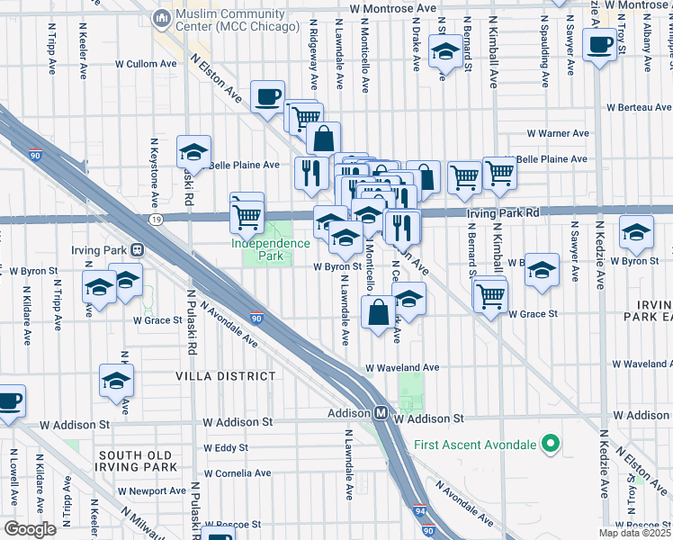 map of restaurants, bars, coffee shops, grocery stores, and more near 3903 North Lawndale Avenue in Chicago