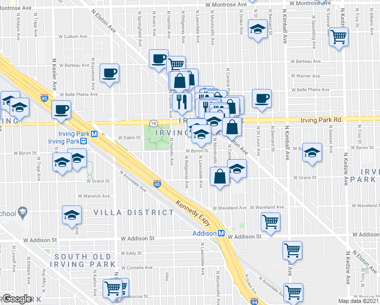 map of restaurants, bars, coffee shops, grocery stores, and more near 3902 North Ridgeway Avenue in Chicago