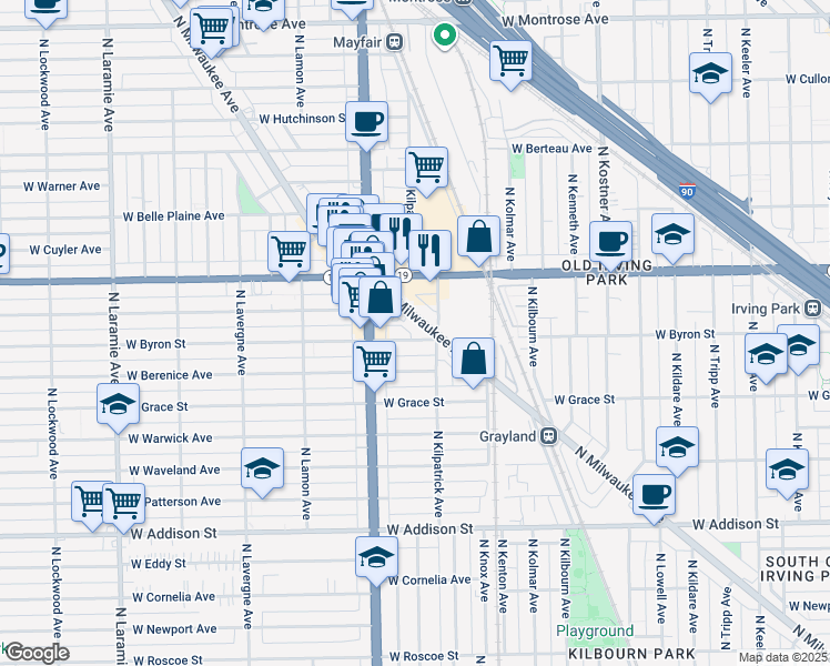 map of restaurants, bars, coffee shops, grocery stores, and more near 3930 North Milwaukee Avenue in Chicago