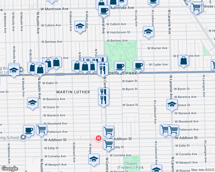 map of restaurants, bars, coffee shops, grocery stores, and more near 3942 North Central Avenue in Chicago