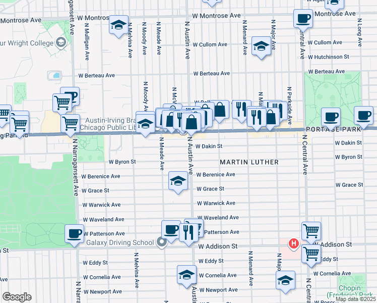 map of restaurants, bars, coffee shops, grocery stores, and more near 6005 West Dakin Street in Chicago