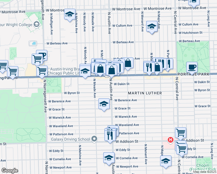 map of restaurants, bars, coffee shops, grocery stores, and more near 6005 West Dakin Street in Chicago