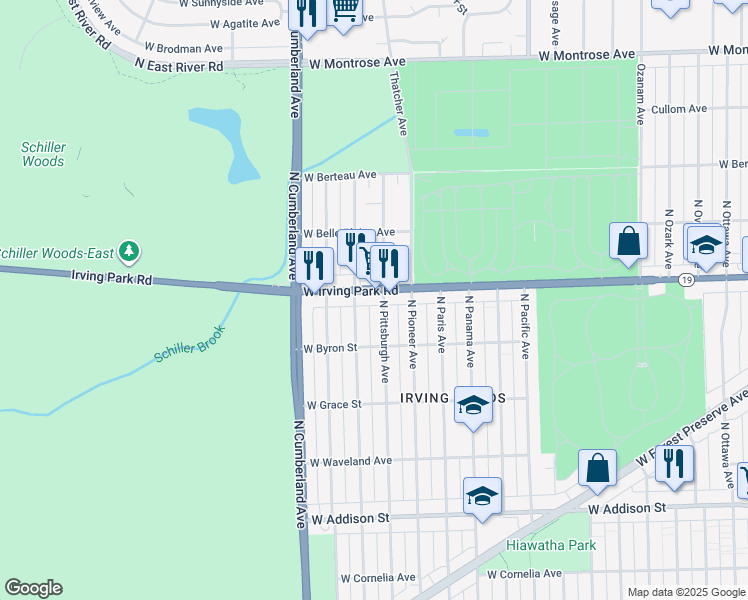 map of restaurants, bars, coffee shops, grocery stores, and more near 8255 Illinois 19 in Chicago