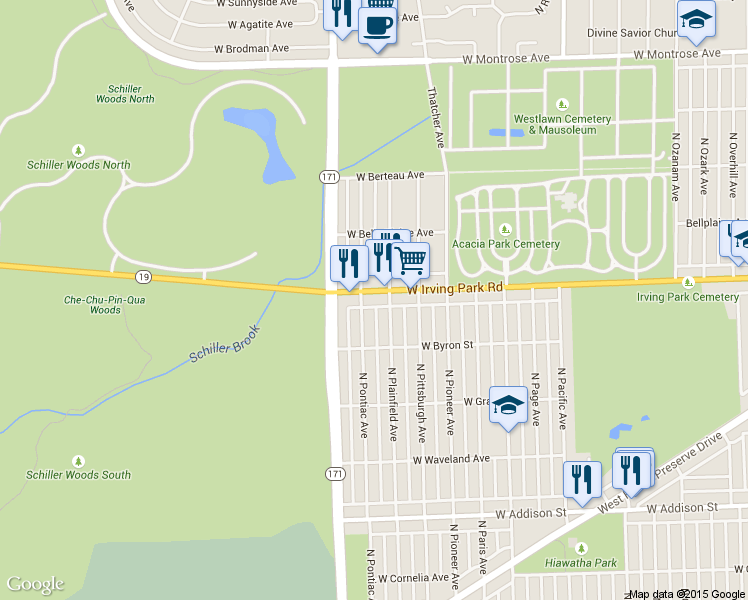 map of restaurants, bars, coffee shops, grocery stores, and more near 8335 Irving Park Road in Chicago